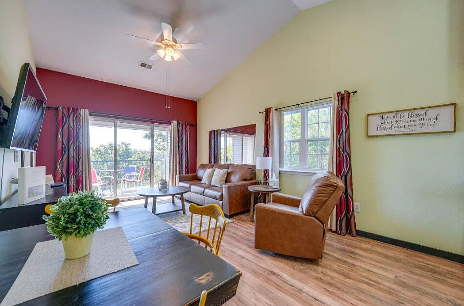 Dining area with high ceilings