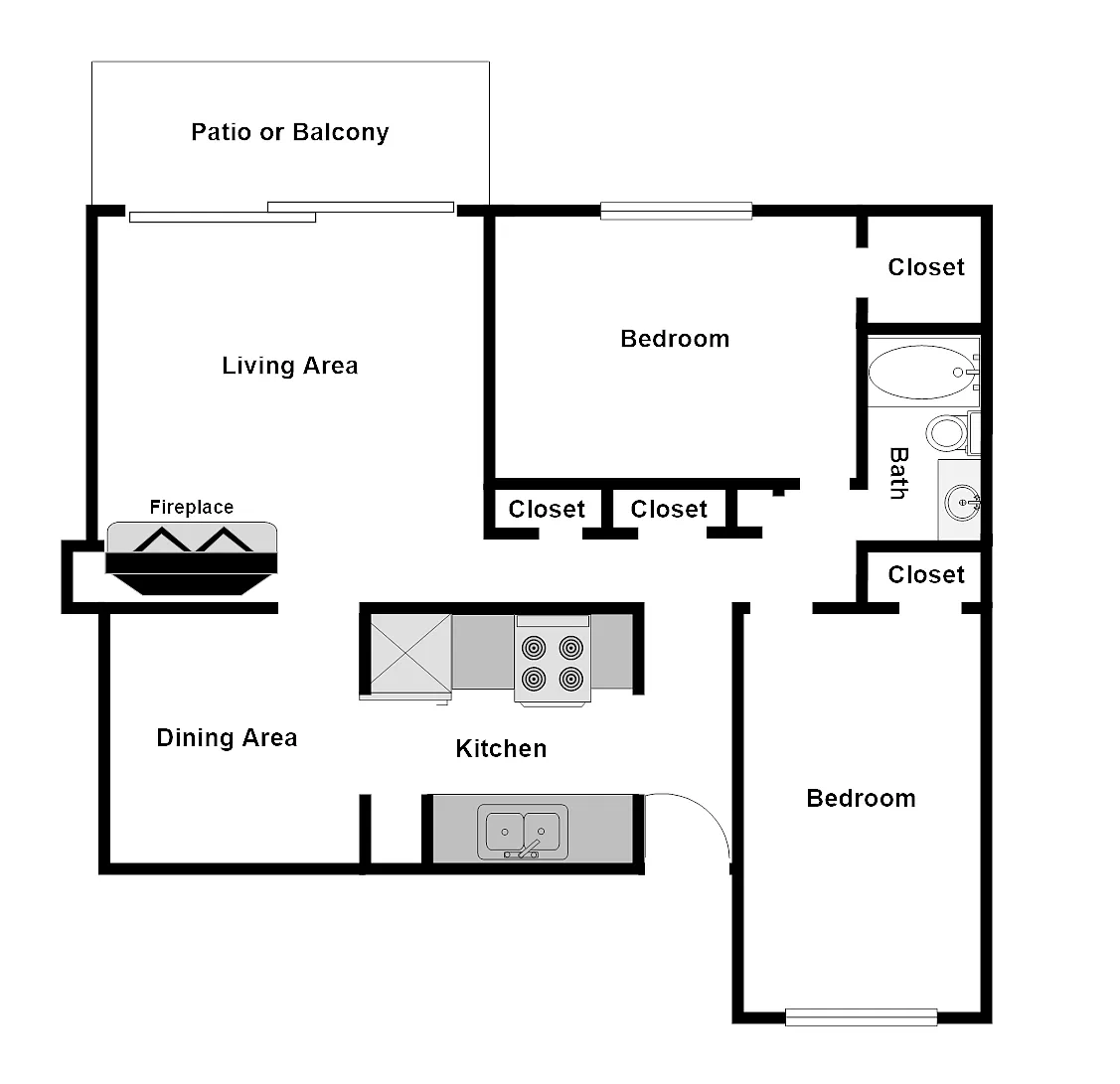 Floor plan 2 Bedroom/1 Bathroom with Fireplace