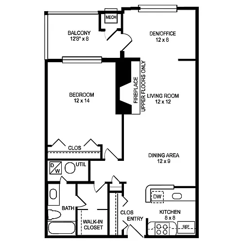 Floor plan 1 Bed + Sunroom, 1 Bath 874 SF, 11c