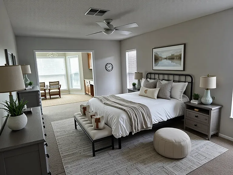 Large Master bedroom , with new carpet and attached office with built in desk. Sliders open to to patio