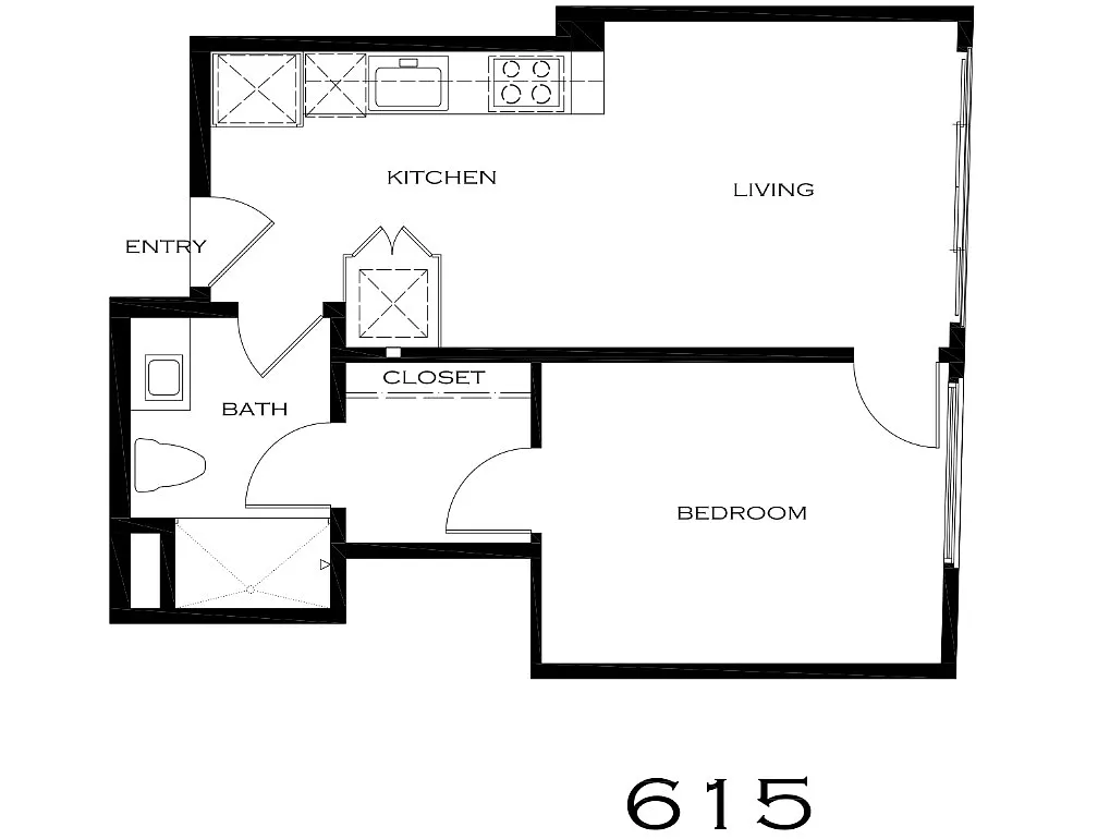 Floor plan East Facing 1 Bedroom Juliette Balcony