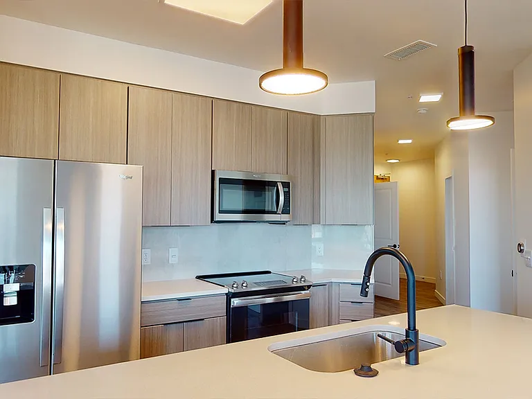 Apartment kitchen with stainless steel appliances, quartz countertops and wood-style flooring.