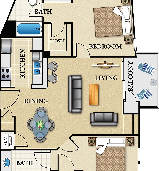 Plan C 2 Bed 2 Bath Floorplan Diagram