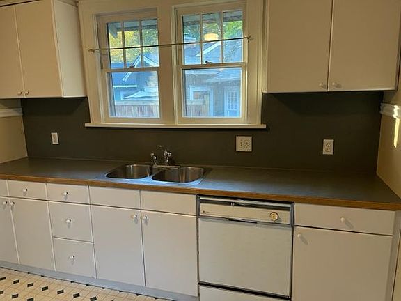 Kitchen cabinets and sink with dishwasher.
