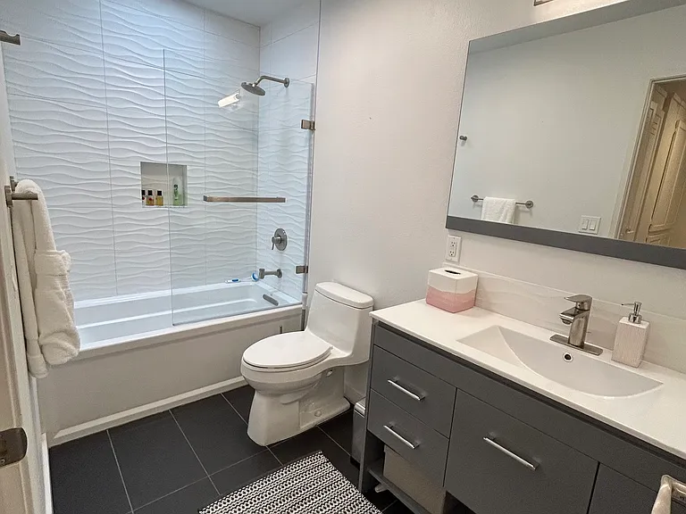 Newly redone bathroom with soaker tub and Hansgrohe and Koehler fixtures. Dimmable lighting and vent fan.