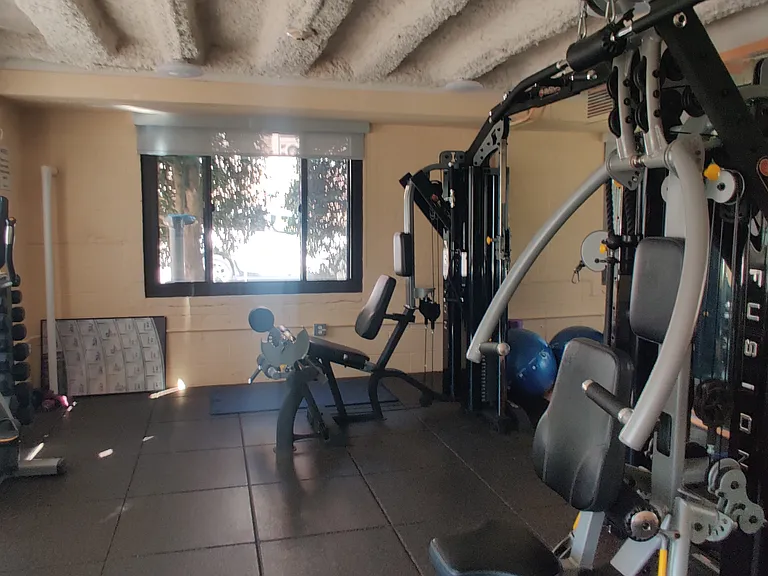 View of the stationary bike, home gym system, and free weights