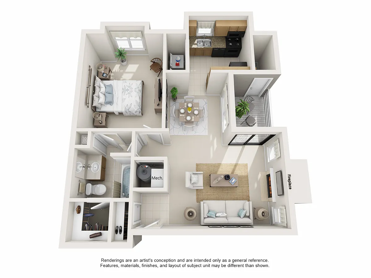 Floor plan One Bedroom with Fireplace