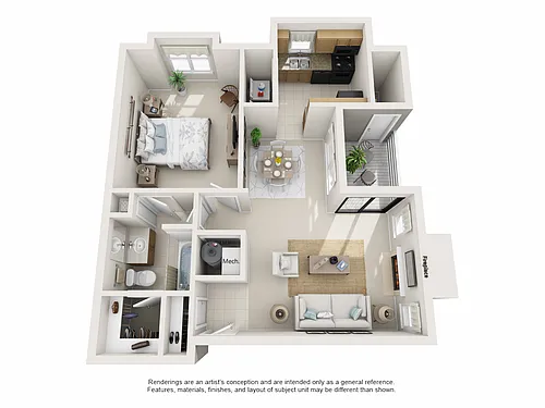 Floor plan One Bedroom with Fireplace