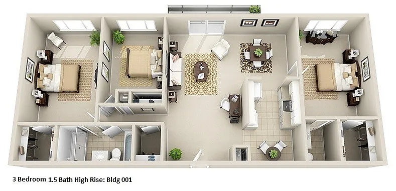 Floor plan High-Rise 3 Bedroom, 1.5 Bath