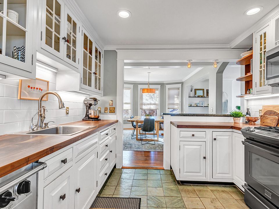 Epoxied walnut countertops in kitchen.