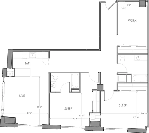 Floor plan 2 Bedroom H with Den