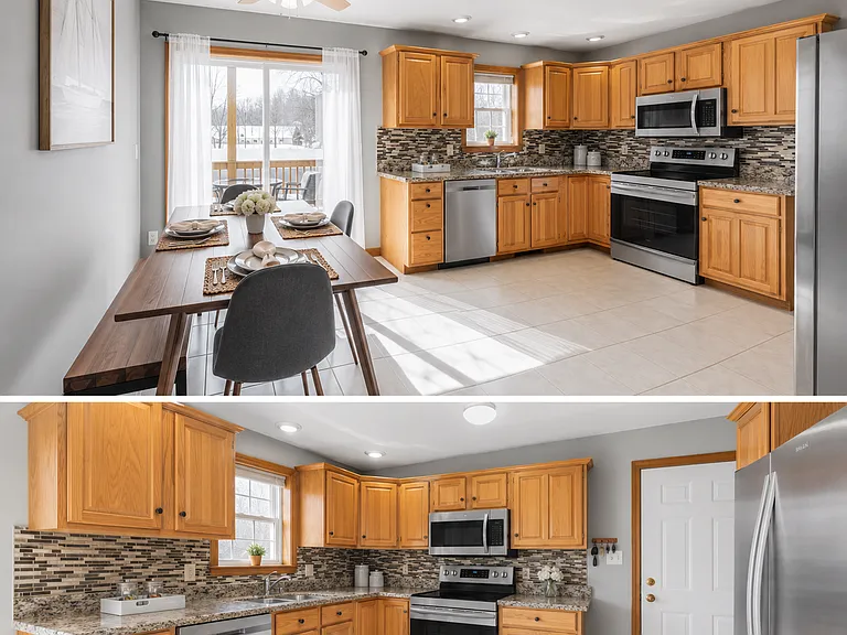 Kitchen featuring a newly installed gas range and microwave.