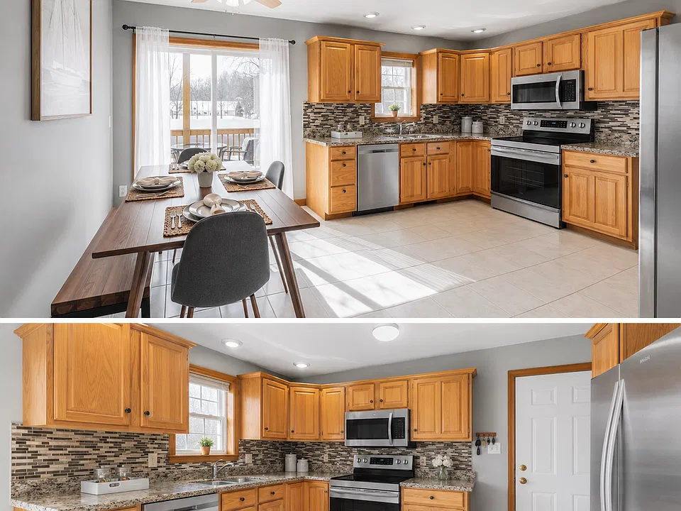 Kitchen featuring a newly installed gas range and microwave.