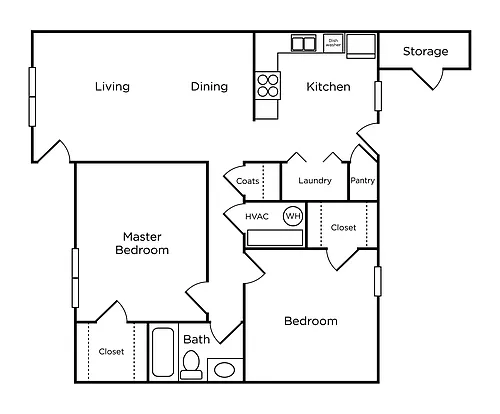 Floor plan 2 Bed - 1 Bath RM
