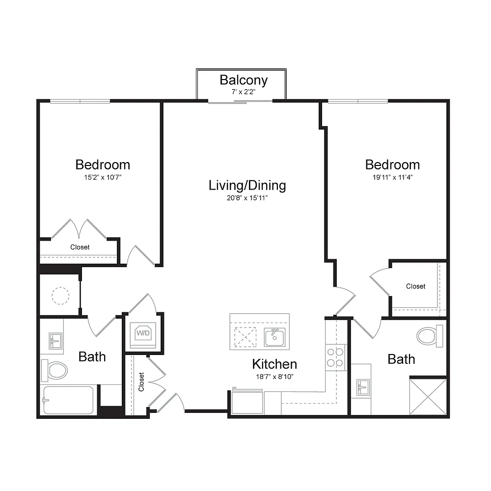Floor plan Two Bedroom/Two Bath (2D-A) Balcony