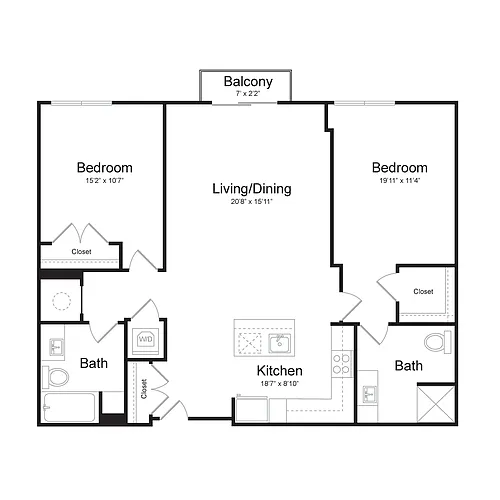 Floor plan Two Bedroom/Two Bath (2D-A) Balcony