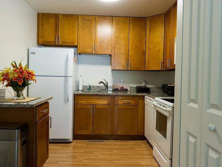 Kitchen layout - one bedroom unit options either have white or stainless steel appliances