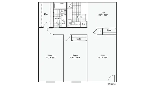 Floor plan 2 Bed 1 Bath C