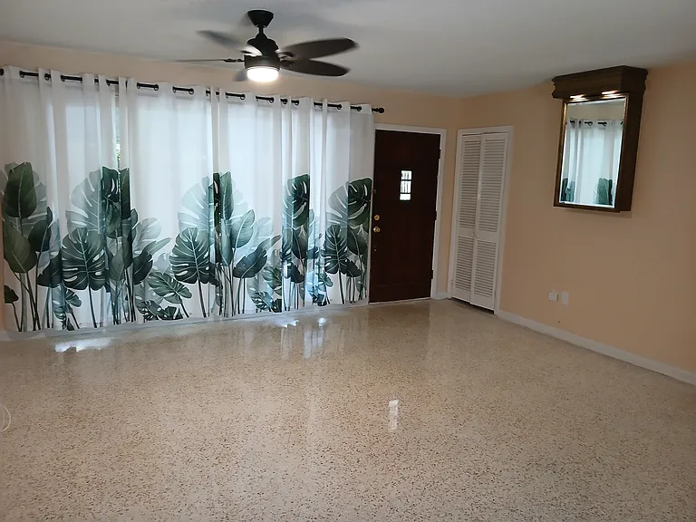 The brown door is the front door. There is a mirrored cabinet for some storage to the Right side with lights. Notice the newly restored terrazzo floor.