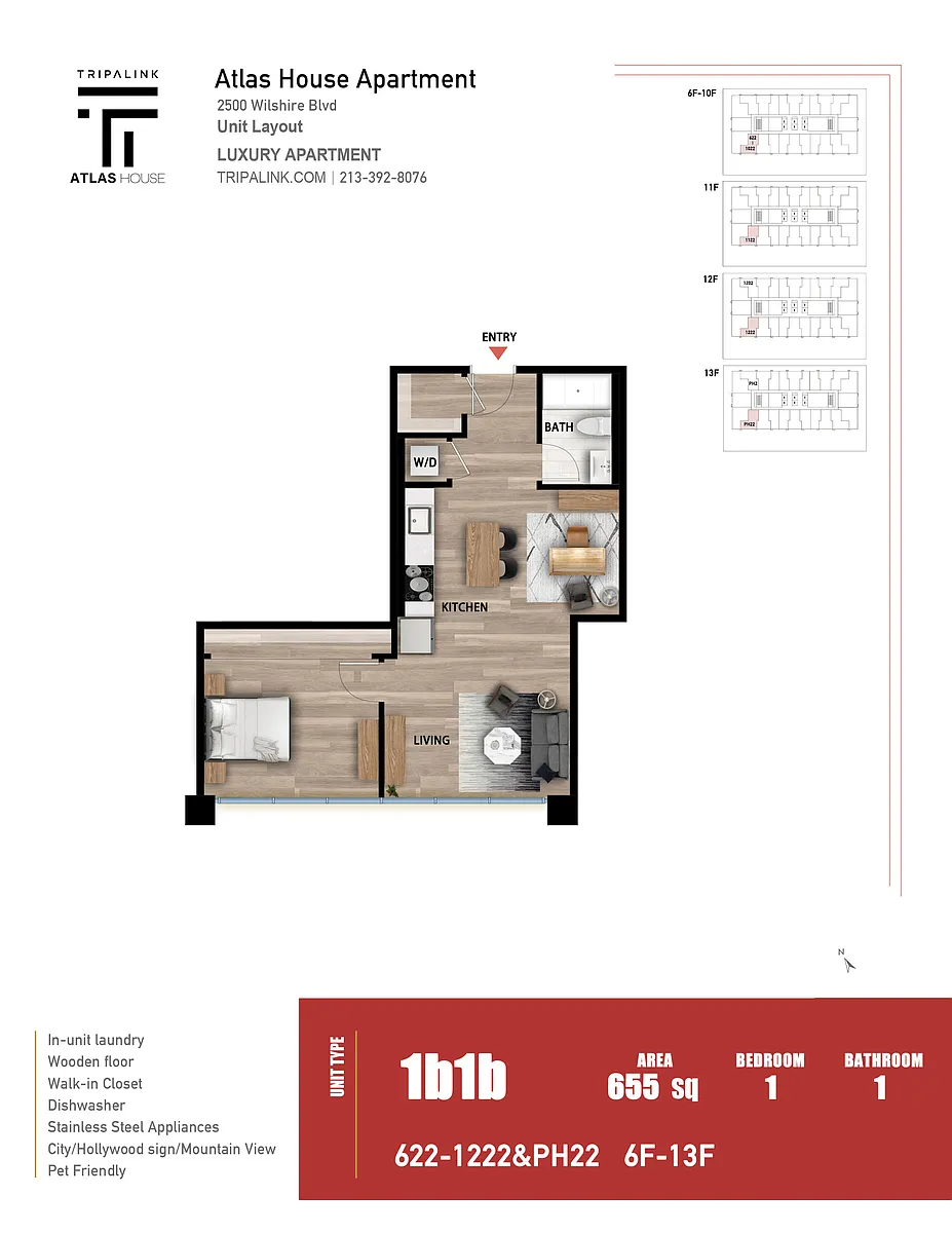 Floor plan 1 Bed 1 Bath +Den - 655 sqft
