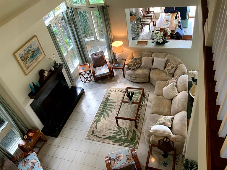 Looking down to living room and dining room