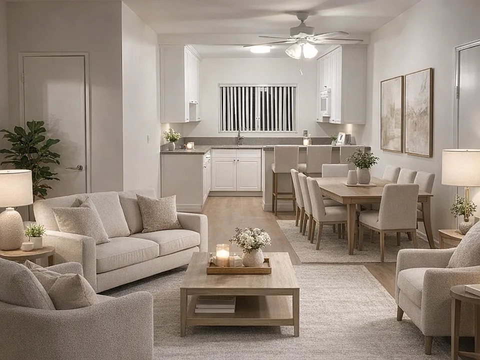 Living / dining area of unit 22 - large two-bedroom apartment (comes unfurnished; unfurnished photos are also here to see)