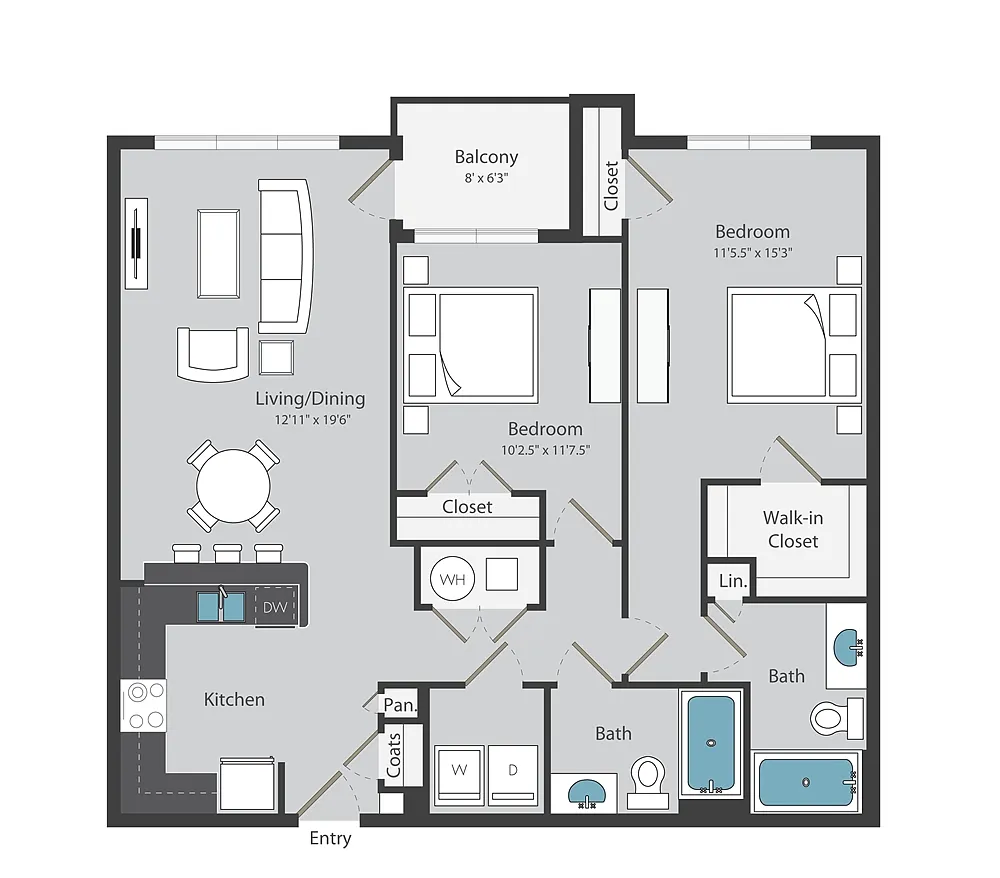 Floor plan 2 Bed/ 2 Bath (1021 sqft)