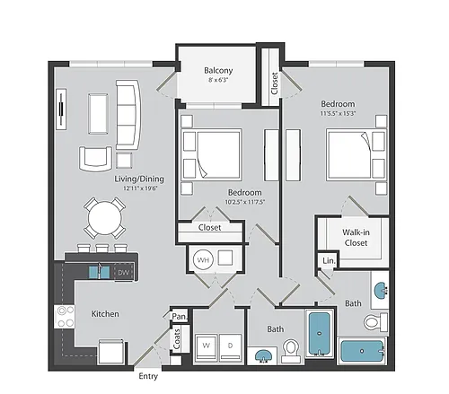 Floor plan 2 Bed/ 2 Bath (1021 sqft)