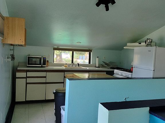 Kitchen area, with microwave and refrigerator.