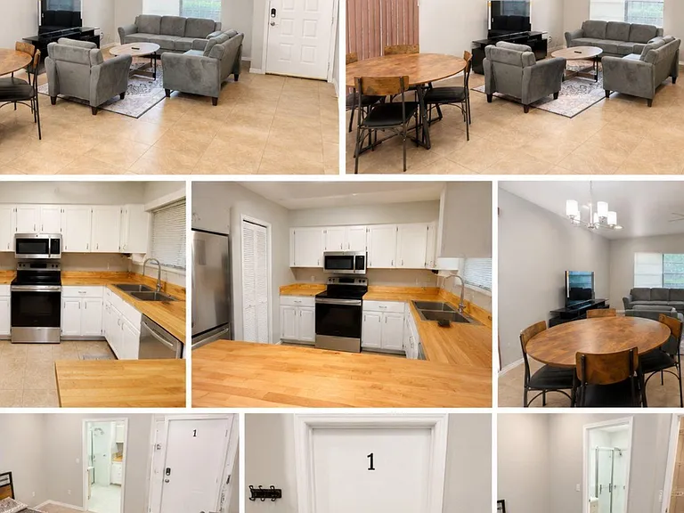 Open-concept living and dining area with tiled floors, a seating set, and an adjacent kitchen featuring ample cabinetry.