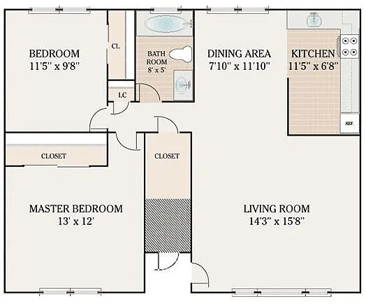 Floor plan 2 Bedroom 1 Bathroom