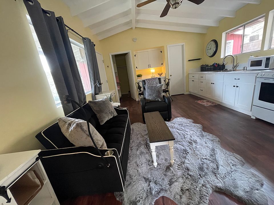 The kitchen, living, dining area with gray accents. Theo couch opens up to a bed for visitors.