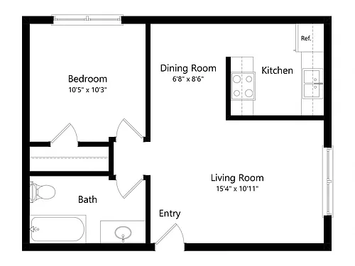 Floor plan 1 Bedroom 1 Bath 663 SQ. FT.