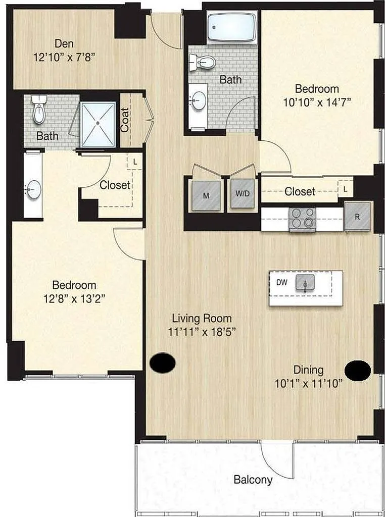 Floor plan Tier 52.0 - Small 2 Bed/2 Bath Den w/ Balcony