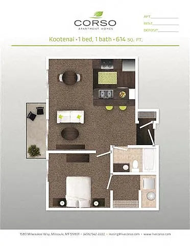 Floor plan 1BR x 1BA - Kootenai