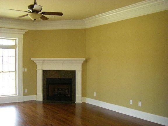 Great room has corner fireplace, wood floors and extensive moldins