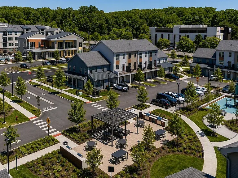 Aerial view of townhomes and courtyard