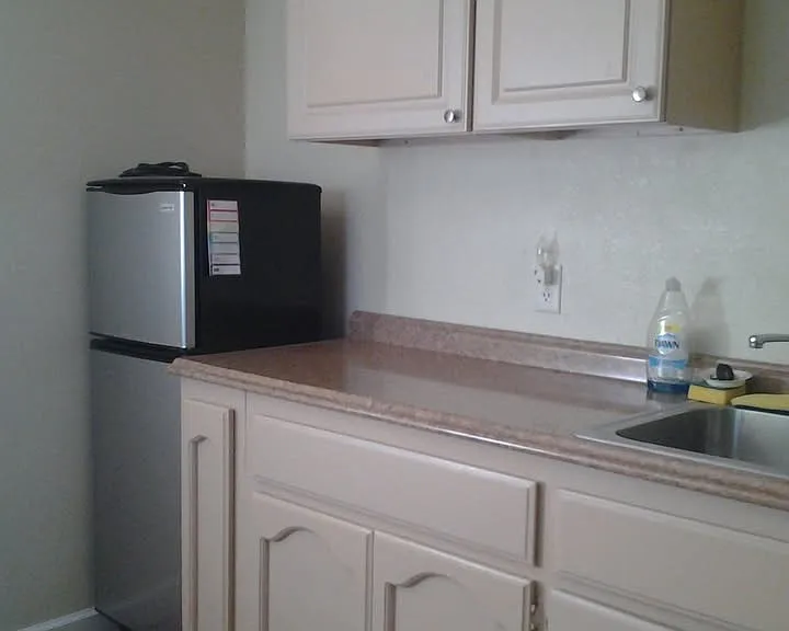 Kitchenette is being cleaned up so this will be an out dated picture but these are the kitchen cabinets. Refrigerator can be included.