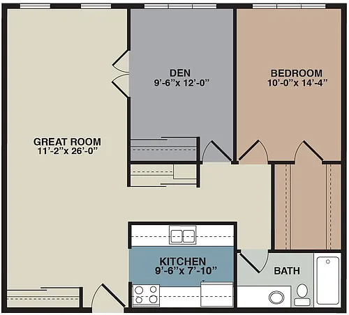 Floor plan 1B - 1 Bedroom + Den