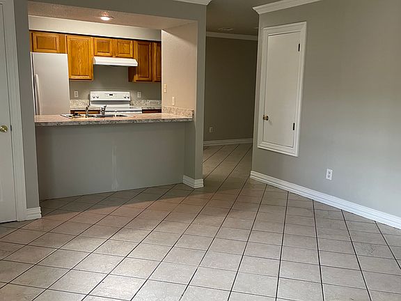 View from living room into kitchen area