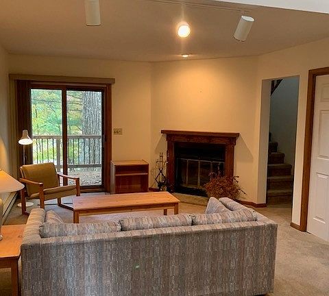 LR with deck and fireplace