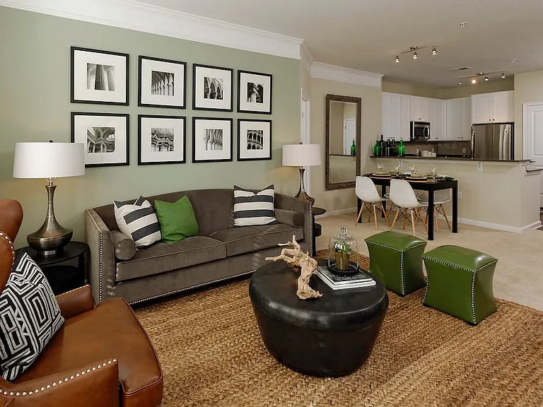 Dining and living area with carpet