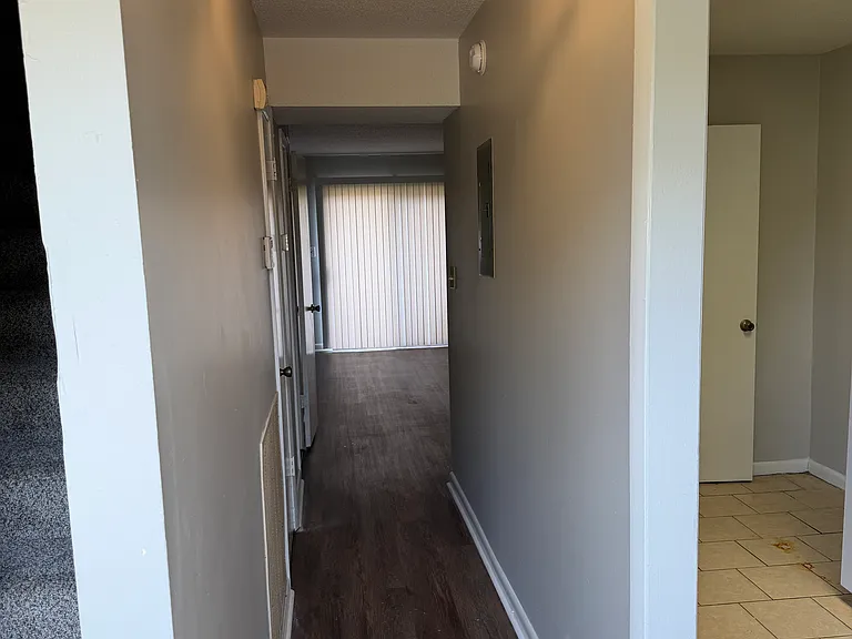 Entry hallway to den and dining area