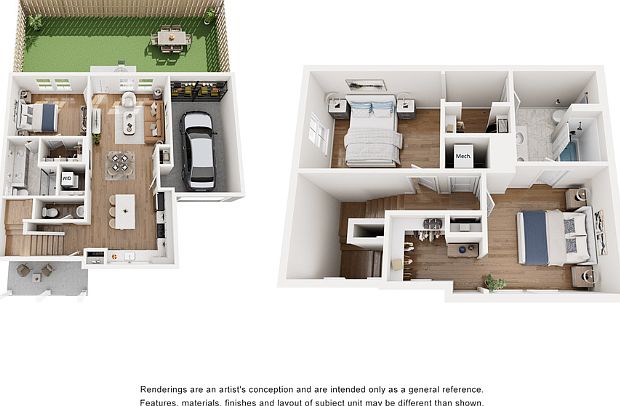 Charming 3D floor plan showcasing a modern two-story home with 3 cozy bedrooms, an open-concept living and dining area, a sleek kitchen, and a private backyard space with patio seating. Charming 3D floor plan showcasing a modern two-story home with 3 cozy