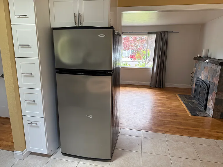 view from kitchen into living room (new stainless steel fridge to come week of 6/15)