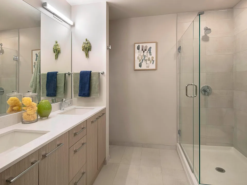 Designer bathroom with walk-in shower