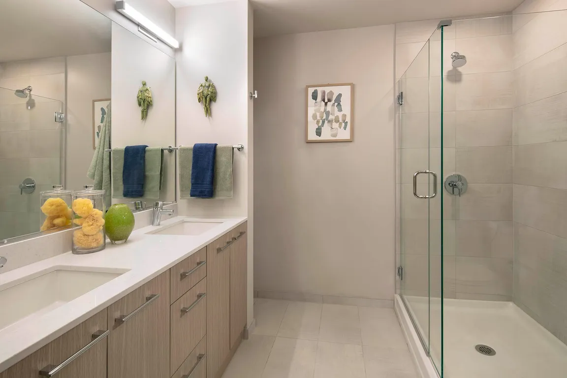 Designer bathroom with walk-in shower