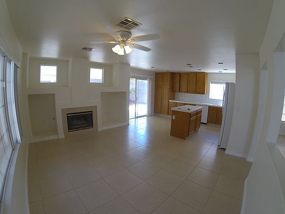 kitchen island and fireplace