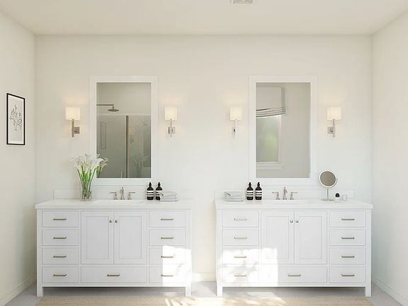 Primary bath with dual freestanding vanities