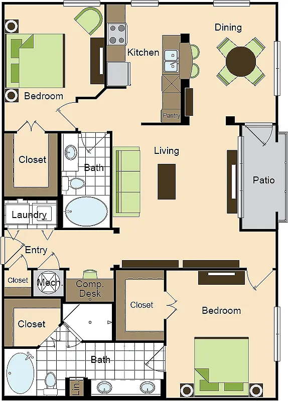 Floor plan Two Bedroom Two Bath (1296 SF)